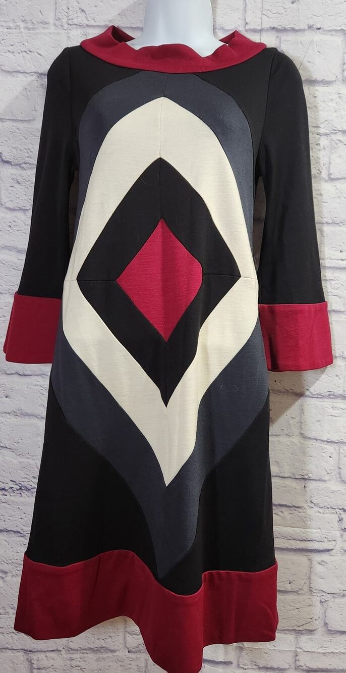 Diane Von Furstenberg Black Burgundy Cream Color Block Dress 6 Midi A Line